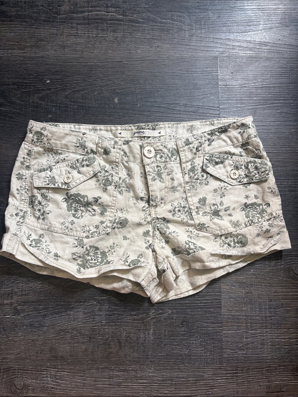 Grane Beige Floral Print Jean Shorts with Olive Green Flowers